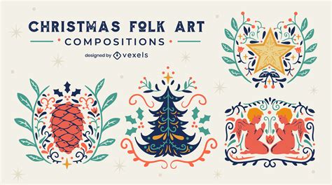 Christmas Folk Art Badges Set Vector Download
