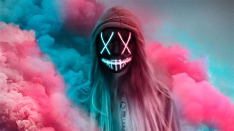 1366x768 neon mask girl colorful gas 1366x768 resolution hd 4k wallpapers images backgrounds