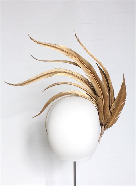 Large Gold Feather Headband Fascinator Headdress Gold Wedding Etsy