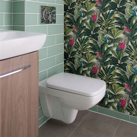 Green Bathroom Makeover With Tropical Wallpaper