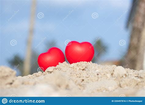 Romantic Love Symbol Two Red Heart On The Paradise Tropical Beach With