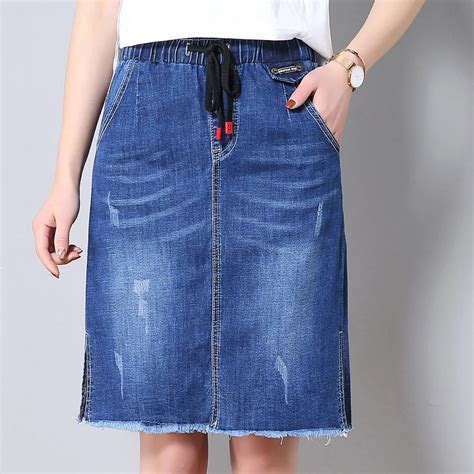 Cotton Blend Denim Straight Skirts For Women Empire Ealstic Waist Plus Size Hole Knee Length