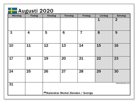 Om du vill välja en annan kalender eller välja en version med helgdagar, se ytterligare ett år eller en månad, navigera på. Kalender augusti 2020, Sverige - Michel Zbinden SV