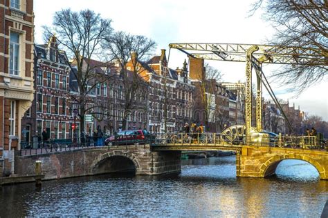 Old Traditional Dutch Bridge In The City Channel Close Up Editorial