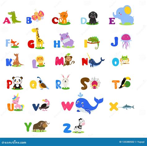 Cute English Illustrated Zoo Alphabet With Cute Cartoon Animal Icons