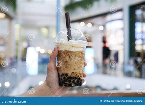 Hand Holding Iced Bobabubble Milk Tea Stock Photo Image Of Glass