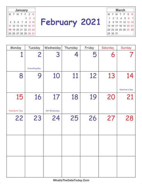 Blank printable calendar 2021 or other years. Printable 2021 Calendar February (Vertical Layout ...