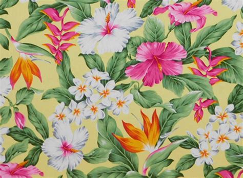 Tropical Floral Fabric Flowers And Leafs Yellow Cotton Fabric