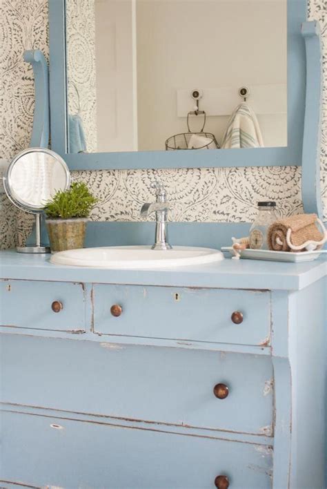 Blue And White Bathroom Featuring Anthropologie Floral Wallpaper A