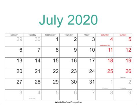 Monthly calendar for the month july in year 2020. July 2020 Calendar Printable with Holidays ...