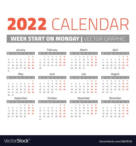 Simple 2022 Year Calendar Royalty Free Vector Image