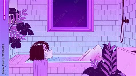 Video Stock 2d Animation Anime Girl Takes A Relaxing Bath After A Hard
