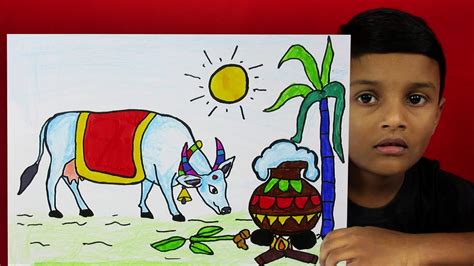 Kids, its easy to draw the image of cute cow. How to Draw Pongal Pot and Cow Drawing for Kids | With ...