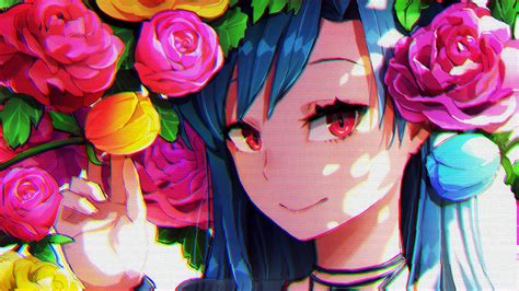 Wallpaper Anime Girls Red Eyes Glitch Art Flowers