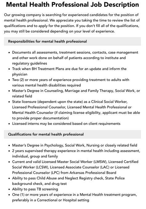 Mental Health Professional Job Description Velvet Jobs