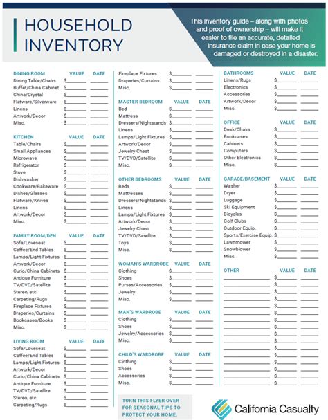 Home Inventory Organizing Printable Editable Household Insurance Inventory List Template