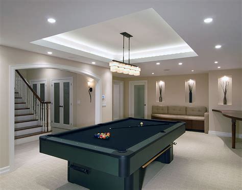 Wall paint colors for a modern basement would be in the range of neutral colors, which include: Basement Finishing Ideas in Modern Decor - InspirationSeek.com