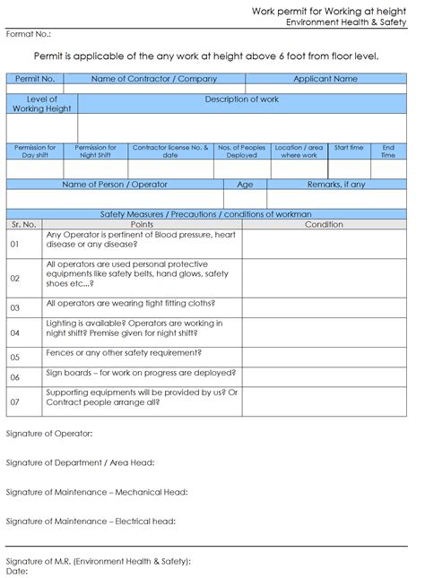 Work Permit For Working On Height Format Excel Pdf Sample