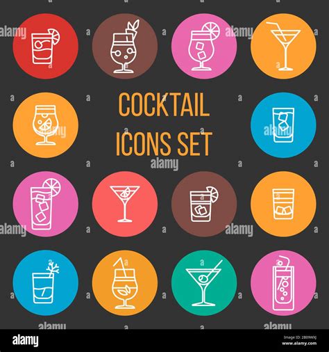 Colorful Cocktail Thin Line Vector Icons Set Drink Glass Collection Illustration Stock Vector