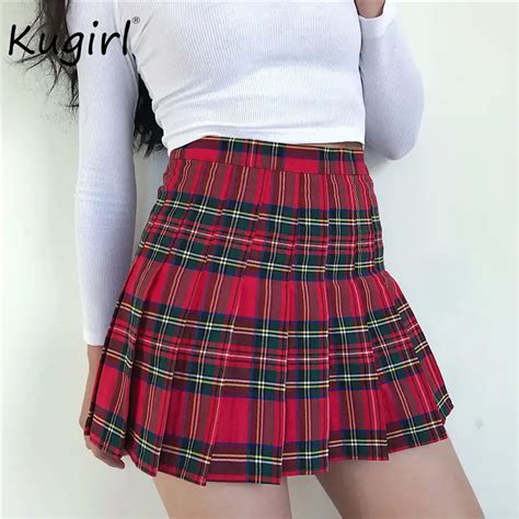 Autumn Women Plaid Pleated Skirt Red Enlarge Size High Waisted