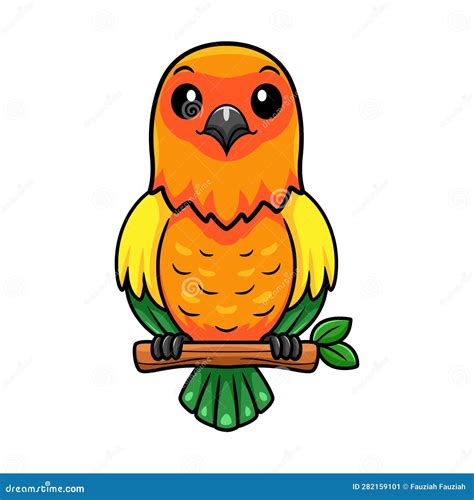 Cute Sun Conure Parrot Cartoon On Tree Branch Stock Vector