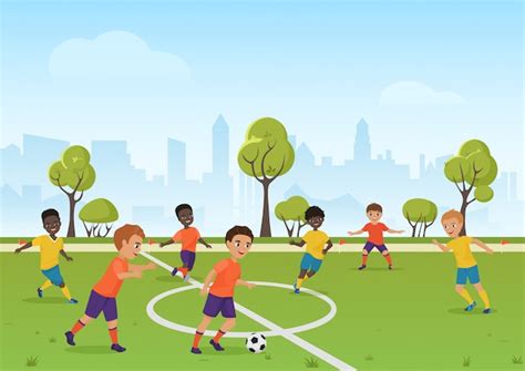 Jeu De Football Pour Enfants Garçons Jouant Au Football Sur Le Terrain