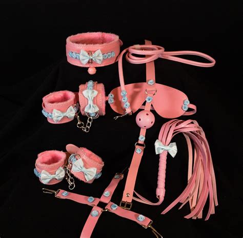 pink blue full ddlg bdsm set collar leash handcuffs etsy
