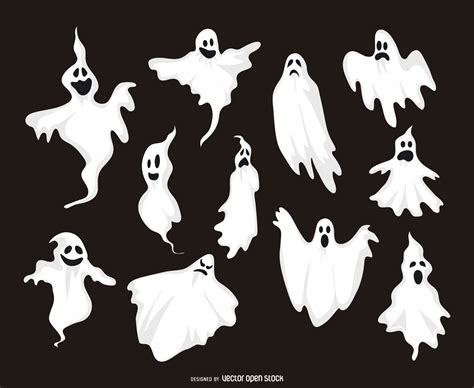 set of 11 ghost illustrations featuring ghosts with different expressions and shapes halloween