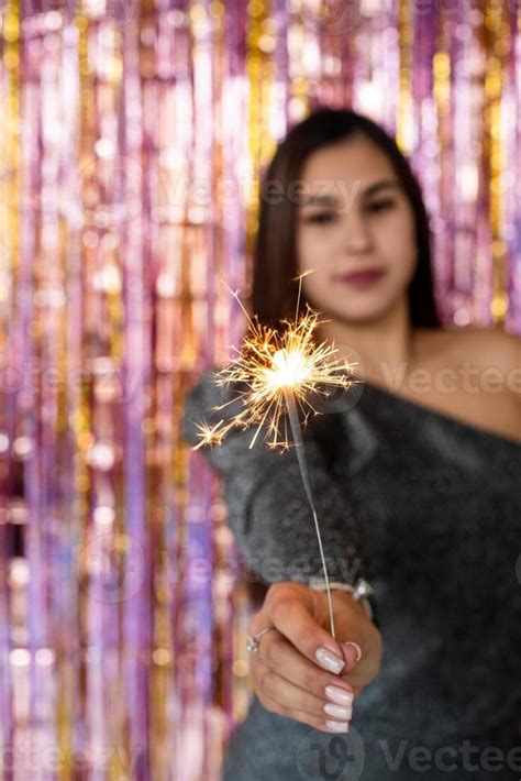 Woman In Glitter Dress Holding Sparkler Close Up Hands Romantic Look