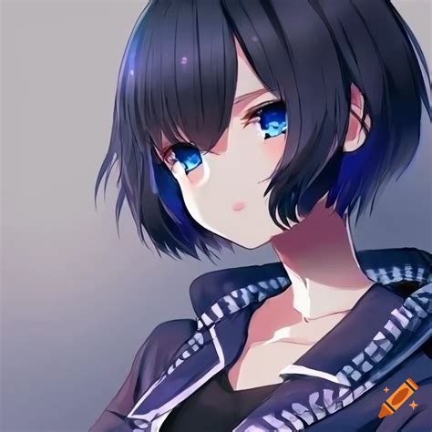 Anime Girl Black Hair Dark Blue Highlights Short Hair Big Blue Eyes