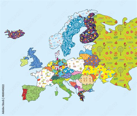 Europe Map Funny Design With Patterns For Kids Stock Vector Adobe Stock