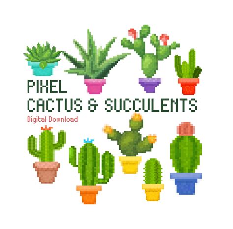 Retro Pixel Cactus Clipart Bundle Clip Art Succulent Sublimation Plant