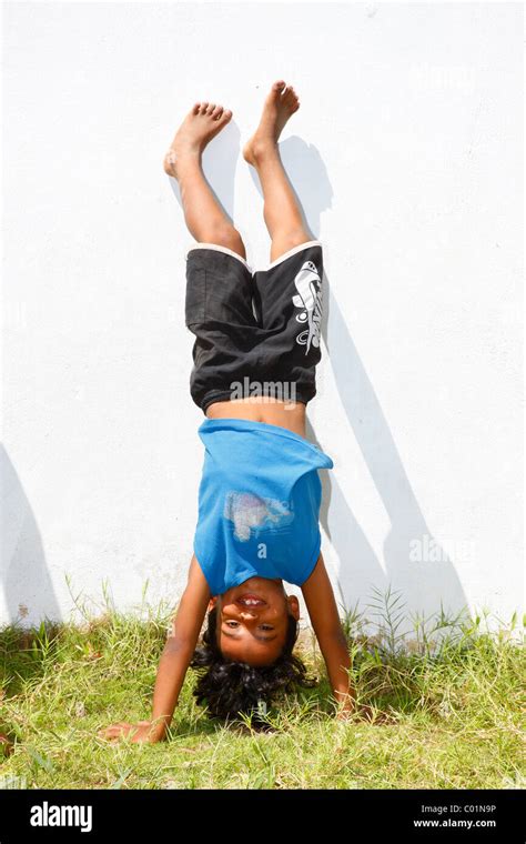 Boy Doing A Handstand Fortaleza Ceará Brazil South America Stock