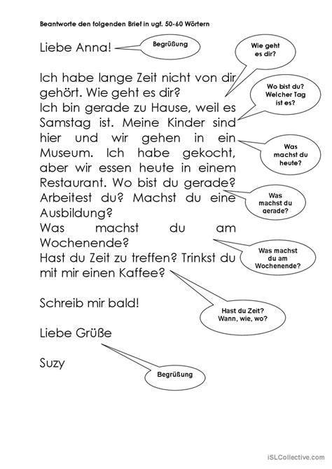 A1 Brief Zum Lesen Und Beantworten E Deutsch Daf Arbeitsblätter Pdf And Doc