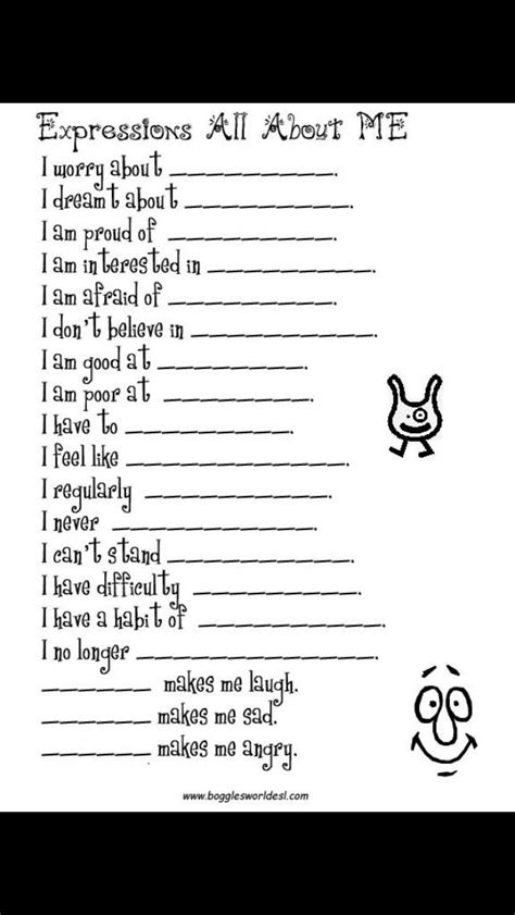 About Me Student Expressions Self Esteem Worksheets Therapy