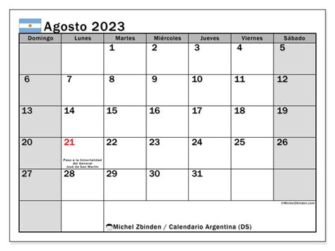 Calendario Agosto De 2023 Para Imprimir “argentina Ds” Michel