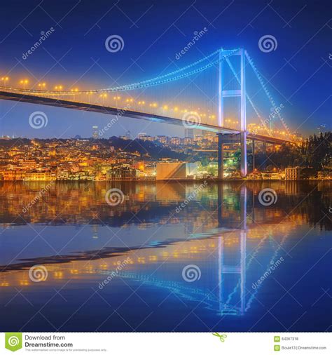 View Of Bosphorus Bridge At Night Istanbul Stock Photo Image Of