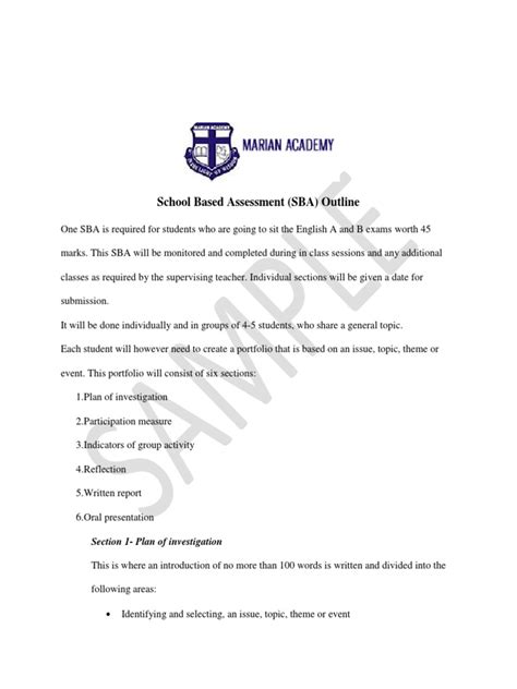 School Based Assessment Sba Outline Section 1 Plan Of Investigation