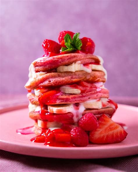 Vegan Pink Pancakes With Strawberry And Raspberry Mojito Compote