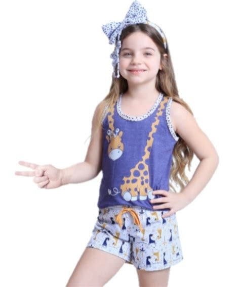 Pijama Curto Algodão Infantil Juvenil Short Doll Regata Girafa Jane
