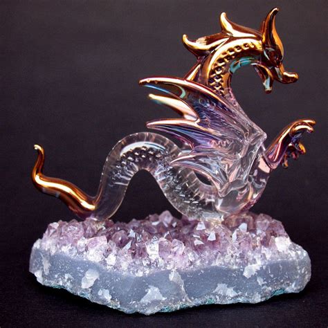 Dragon Serpent Figurine Blown Glass On Amethyst Crystal Etsy Dragon