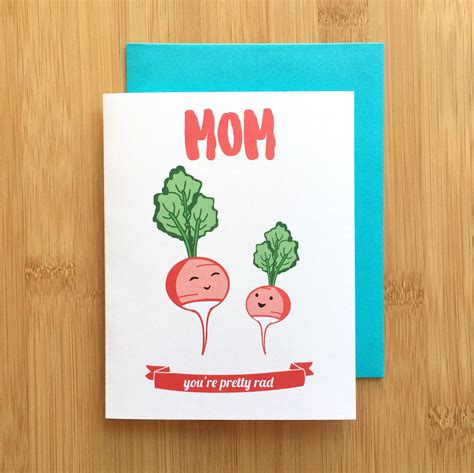 Make this printed diy card lovely by highlighting the word mother with bold colors. Radish Mom Card - Mothers Day Card, Mom birthday card, gift for mom, punny mother card