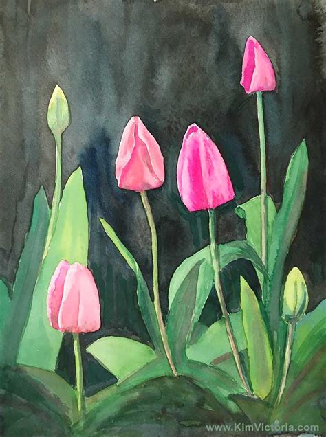 Watercolor Painting Of Pink Tulips