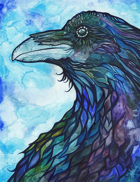 Raven 85 X 11 Print Turquoise Blue Purple Watercolour Animal