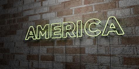 America Glowing Neon Sign On Stonework Wall 3d