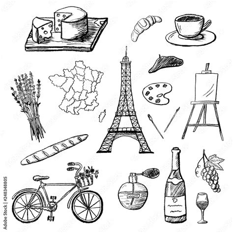 Set Of Hand Drawn Icons Of French Culture Charcoal Drawing Of France