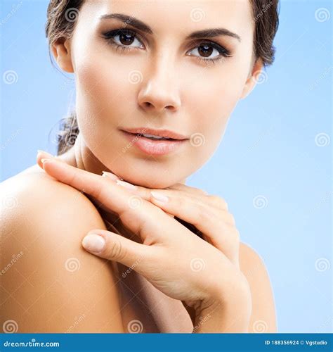 Woman With Naked Shoulders On Blue Stock Photo Image Of Background
