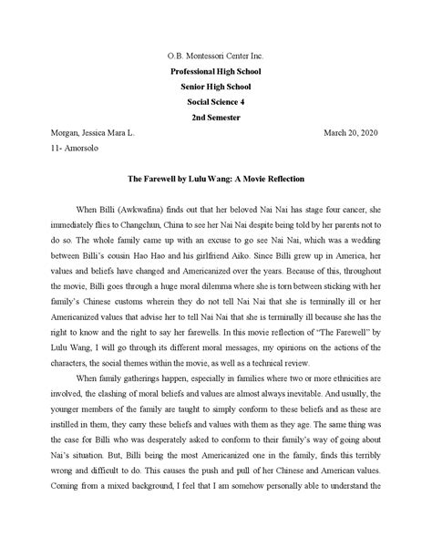 The Farewell Movie Reflection | High school final essays Anthropology