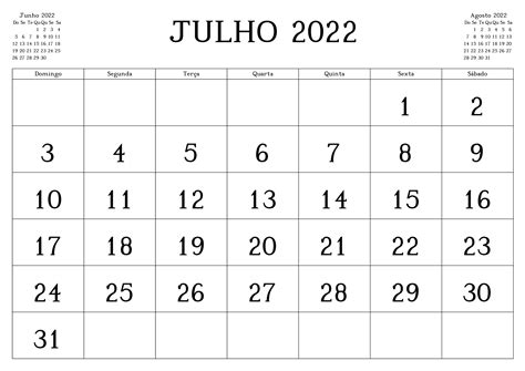 Calendário Julho 2022 Imprimir Documento Docalendario