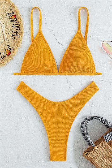 shein bikini con textura triángulo tanga amarillo vezia